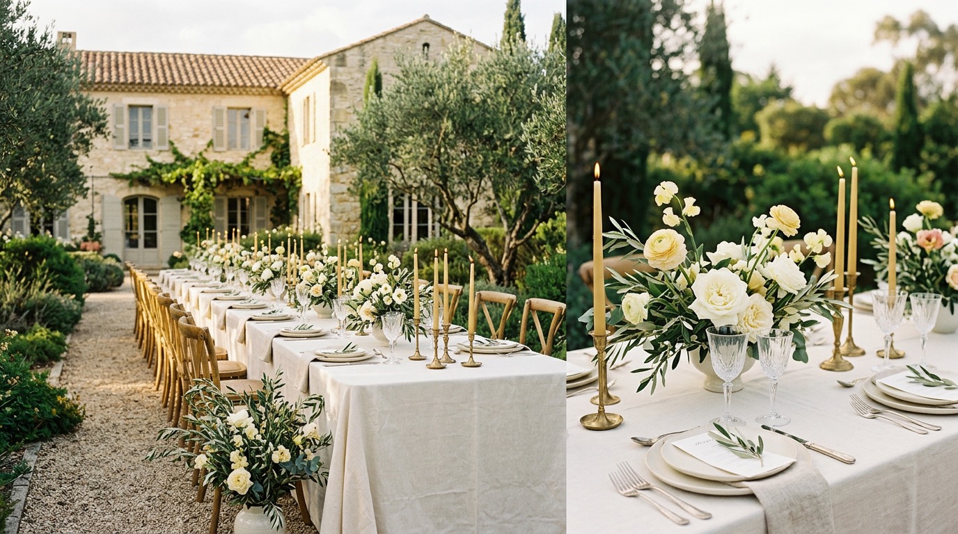 A long garden table set with white flowers and candles